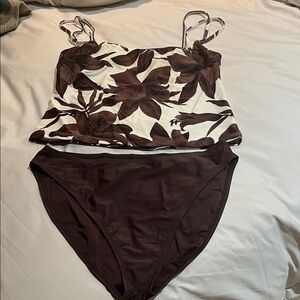 Floral Brown and White woman 2piece tankini bathing suit